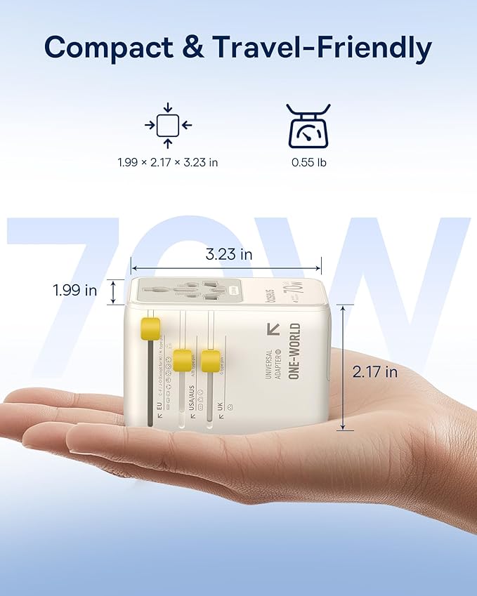 Baseus 70W Universal Travel Adapter with Retractable Cable, 6-in-1 International Plug Adapter, USB-C PD Fast Charging Worldwide Wall Charger for USA/EU/UK/AUS and Over 200 Countries (Off-White)