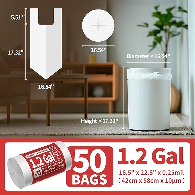 Small Trash Bags with Handles 2 Gallon 50 Count White - Ocean Plastic Upcycling - Plastic Garbage Bags, Can Bin & Waste Basket Liner for Kitchen, Bathroom, Office and Pets