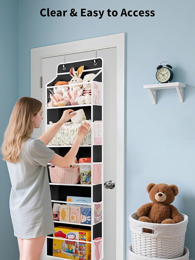 JARLINK 2 Pack Toy Stuffed Animal Storage, Over The Door Organizer W/Clear View Windows, 44lb Load, Baby Toy Storage Organizer for Nursery, Kid Bedroom, Newborn Baby Essentials (Black)