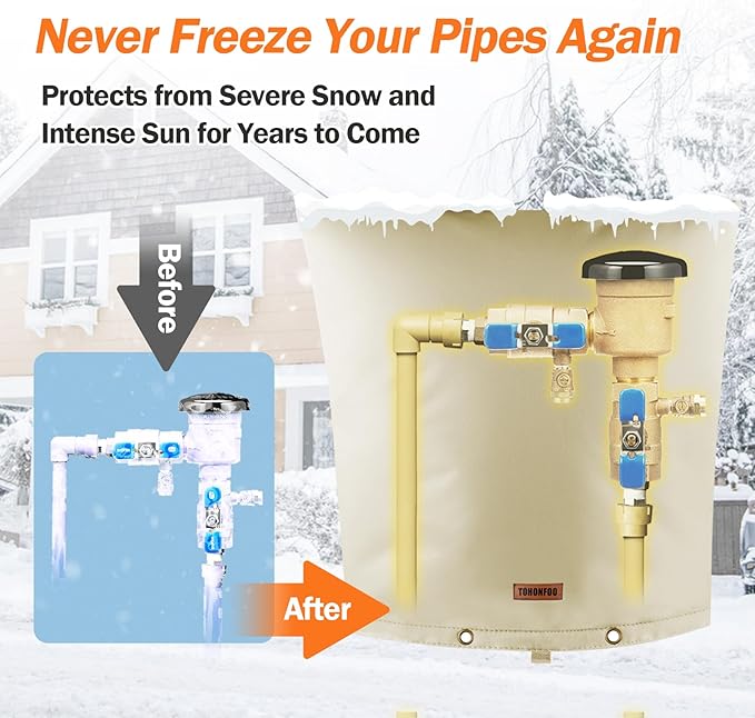 TOHONFOO Backflow Preventer Pipe Insulation Cover (5°F) - Irrigation Sprinkler Valve Insulated Pouch - Water Well Pump Cover - Sturdy 5 Layers for Winter Freeze Protection, 24" W x 26" H, Beige