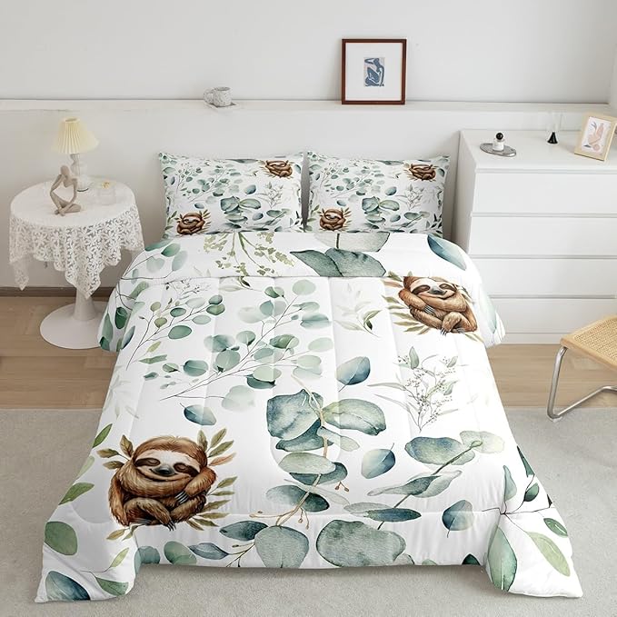 Erosebridal Girls Kawaii Animal Bedding Twin Size Cute Sloth Comforter Set Twin, Cartoon Wildlife Duvet Insert Green Leaf Quilt Comforter, Plant Bedding Comforters & Sets Child Kids Bedroom Decor