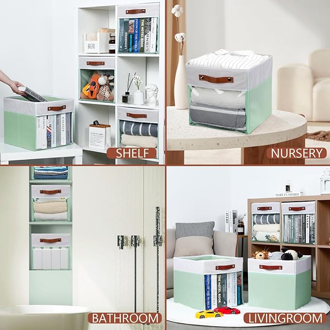 HNZIGE Clear Storage Cubes Bins 11 x 11, Fabric Storage Cube Bins for Storage Organizer,Shelf Storage Bin for Organizing, Cubby Foldable Cube Organizer Bin for Storage Blanket Home(White Green 6PCS)