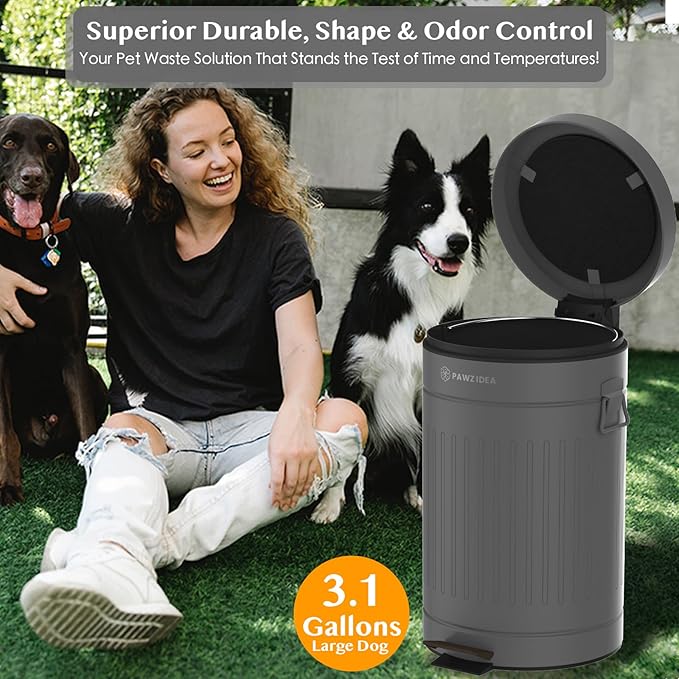 PAWZIDEA Dog Poop Trash Can Outside Odor Control, 3.1Gallon Large Pet Poop Can Outdoor with Lid No Smell, Waterproof Pet Waste Trash Can, Dog Waste Station Step Garbage Can Bin Container Backyard,Grey