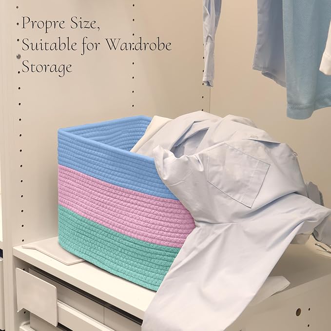 Hopegiver Woven Storage Baskets 15x11x10 Inch, 1 Pack Collapsible Cube Storage Bin for Shelves - Foldable Cotton Rope Organizer Bins for Towels, Toys, Books, Closet, Nursery (Blue Pink Green)