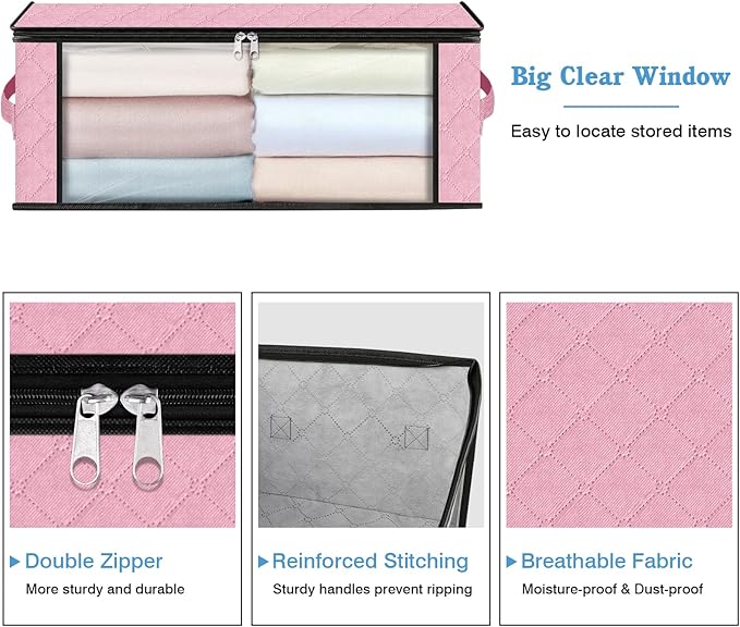 HomeHacks Storage 10-Pack Clothes Organizer Storage Bags Foldable Storage Box with Large Clear Window Sturdy Handles for Closet, Dorm, Pillows, Bedding, Clothes, Blankets, 35L, Pink