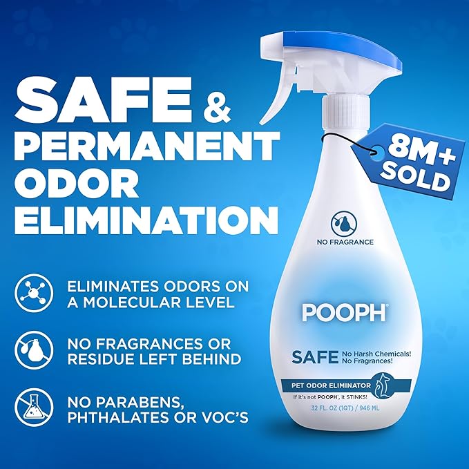 POOPH® Pet Odor Eliminator – 32 fl oz Bottle – Organic, NO Fragrances, NO Harsh Chemicals – Fast, Safe and Effective, Works On-Contact! For Home, Auto, Upholstery, Furniture – Safe for Pets & People