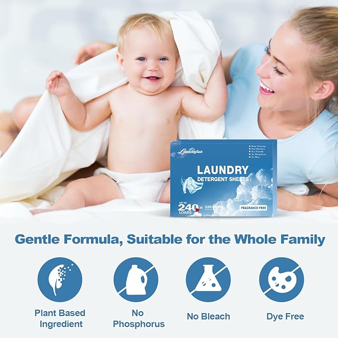 Laundry Detergent Sheet, Eco-Friendly & Hypoallergenic Wash Strips, Natural Ingredients, Ultra-Concentrated, Travel-Ready, No Plastic Jug- Unscented, (240 Loads) 120 Sheets