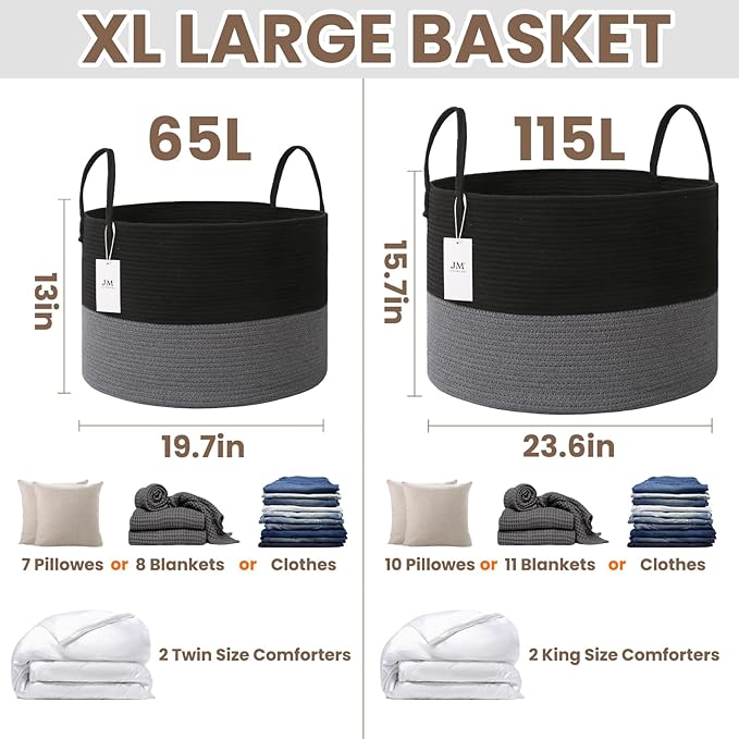 Woven Blanket Basket,65L Large Rope Storage Bin with Handles, Organizer for Blankets Toys Book and Clothes, Laundry Basket for Living Room Bedroom Nursery,Black&Grey
