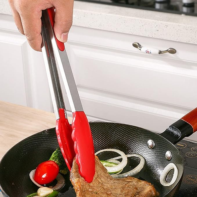 4Pcs Silicone Tongs, Kitchen Tongs 7” Non-slip & Easy Grip Stainless Steel Handle - Smart Locking Clip - Heat Resistant, Food Grade