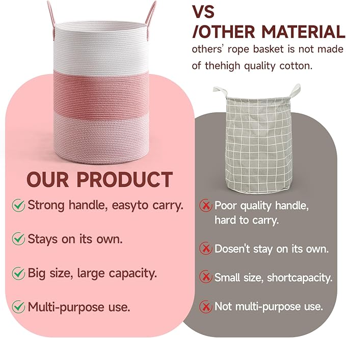 CLHMILY&Z 100L Laundry Basket Round Storage Rope Basket - 18.1x24 Inches - Pink Hamper in Bedreoom and Cute Storage Bin for Blankets, Toys, and Nursery Essentials