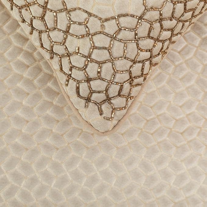 The HomeCentric King/Queen/Twin Ivory & Gold Decorative Full 68"x18" Bed Runner with 2 Pillow Cover, Mosaic & Beaded Bed Scarf on Jacquard Fabric - Tessellation
