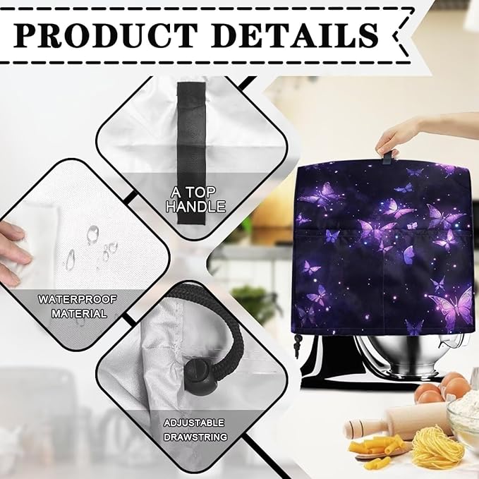 Generic Purple Butterfly Mixer Cover, Kitchen Stand Mixer Cover, Dust Protection, Washable, Waterproof, Drawstring Closure, 17x10.8 inches