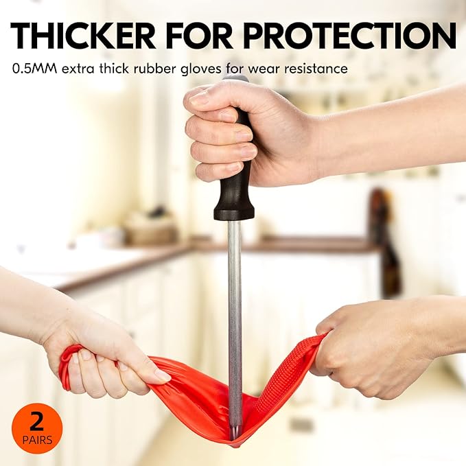 Vgo 2-Pairs Dishwashing Gloves, Reusable Household Gloves, Long Sleeve, Thick Latex, Cleaning, Washing, Working, Painting, Gardening, Pet Care (Size S, Red, RB2143)