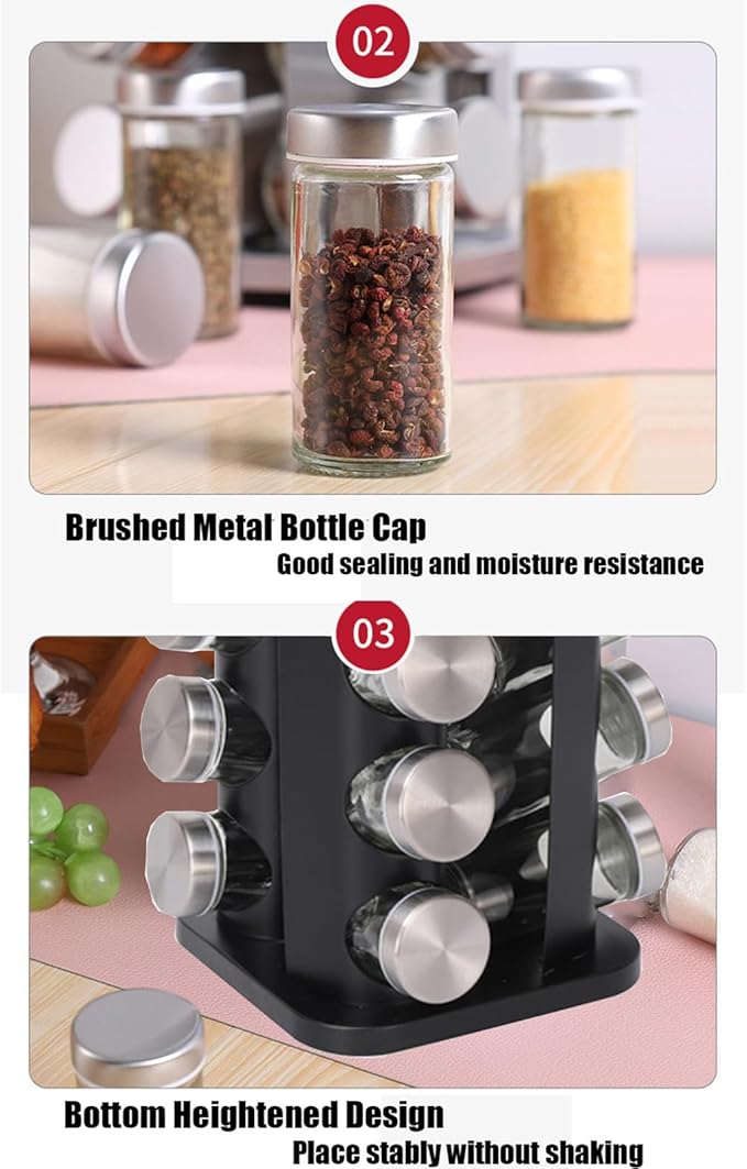 Spice Rack, Rotating Countertop Spice Rack Organizer, 16 Jars, Black, Stainless Steel