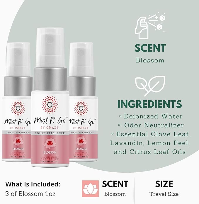 Mist N’ Go by Omaze Travel Bathroom Spray for Toilet Spray Odor Eliminator - Travel Toilet Spray for Bathroom Air Freshener Spray for Bathroom Deodorizer - Blossom Travel Size (1oz x3)