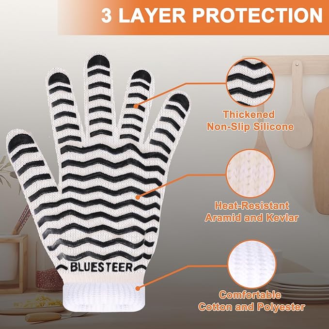 Oven Gloves 932°F Heat Resistant Oven Mitts with Fingers, Heat Proof BBQ Grill Gloves Silicone Grip Fireproof Gloves for Kitchen Cooking Grilling Baking