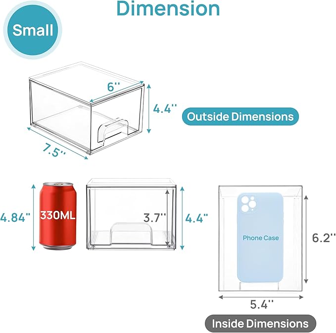 Vtopmart 6 Pack Clear Stackable Storage Drawers, 4.4'' Tall Acrylic Bathroom Makeup Organizer,Plastic Storage Bins For Vanity, Undersink, Kitchen Cabinets, Pantry, Home Organization and Storage
