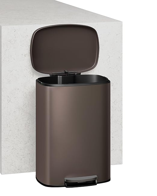 Garvee 13 Gal (50L) and 2.6 Gal (10L) Metal Trash Can Combo Set, Rustproof Garbage Can with Lid, Step-on Trash Bin with Inner Bucket, Rear Handle, Brown