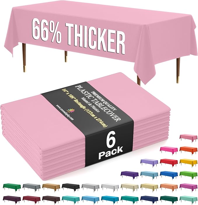 Exquisite 66% Thicker Premium Plastic Table Cloth Rectangle Table Cover 0.5 Mil 6 Pack Pink Table Cloth 54 Inch x 108 Inch Disposable Tablecloth Won't Tear Easily Like Cheap Thin Brands