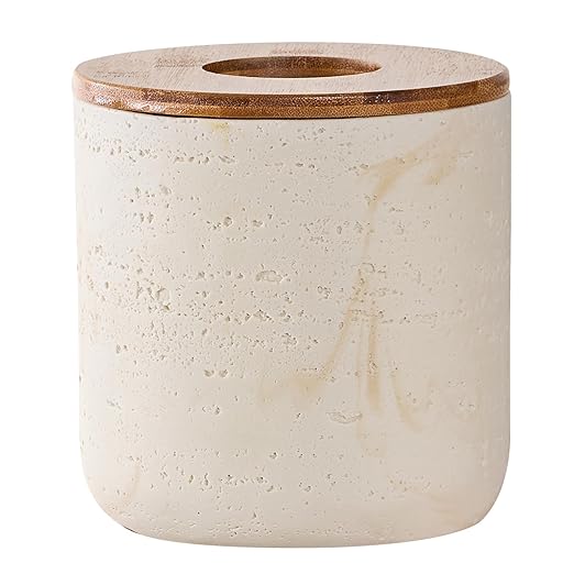 Natural Travertine Textures Beige Mini Trash Can with Bamboo Lid,Small Countertop Trash Can for Bathroom, Kitchen, Vanity, Desk Trash Can,Table Top Mini Garbage Can for Dining Room, Tiny Waste Basket