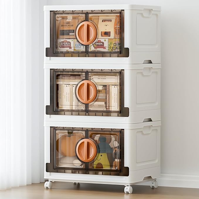 JEKO&JEKO 249Qt Lockable Stackable Storage Bins with Lids, Collapsible Closet Organizer with Wheels, Plastic Cabinet Drawer for Clothes 3 Pack (White)
