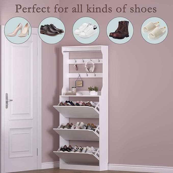 Shoe Cabinet with 3 Flip Drawers & Coat Rack, Narrow Hidden Shoe Storage Cabinet, 2-in-1 Hall Tree Slim Freestanding Shoe Rack Organizer for Entryway, Hallway, and Living Room