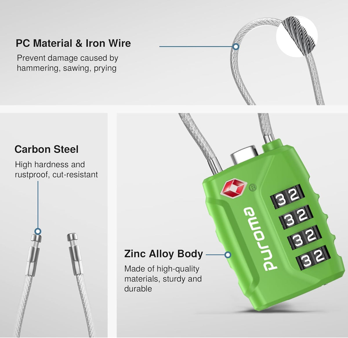 Puroma 2 Pack TSA Approved Luggage Locks, 4 Digit Combination Travel Locks Resettable Code Lock with Zinc Alloy Body for Suitcase, Toolbox, Backpack, Bag, Gym Locker (Green)