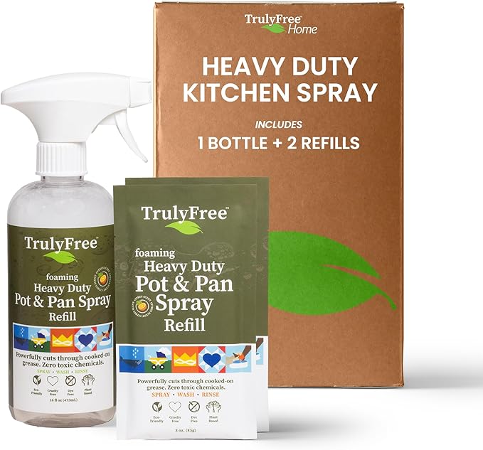 Truly Free Heavy Duty Pot & Pan Spray - Powerful Foaming Grease Remover, Multi-Purpose Kitchen Cleaner Spray Degreaser for Oven, Stoves, Grill & More, Citrus Scent - Includes 1 Empty Bottle & 2 Refill