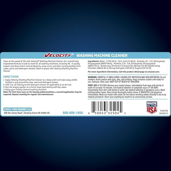 Velocity Washing Machine Cleaner – 4 Uses Per Bottle. Removes Hardwater Stains & Odor-Causing Buildup Inside Drum, Washer Cleaner for All Front & Top Load Washers & High Efficiency Machines