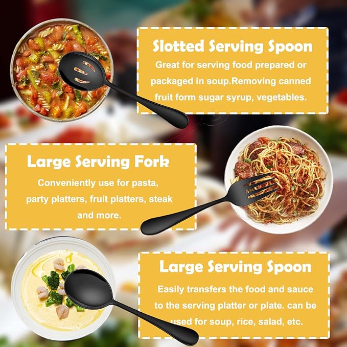 11 PCS Serving Utensils, Large Stainless Steel Spoons Forks Tongs, Pie Server, Great for Hostess Buffet Catering Banquet Party, Black
