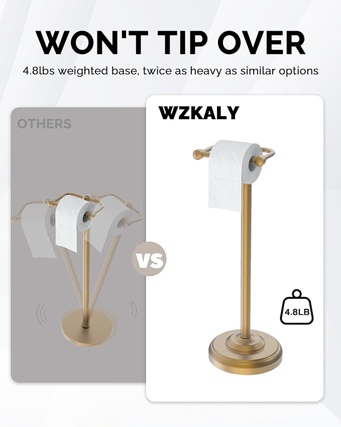 Toilet Paper Holder Stand, Brushed Brass Toilet Paper Holder Free Standing, Post Pivoting Design & Stable Weighted Base SUS304 Stainless Steel for Bathroom(Mega Roll)