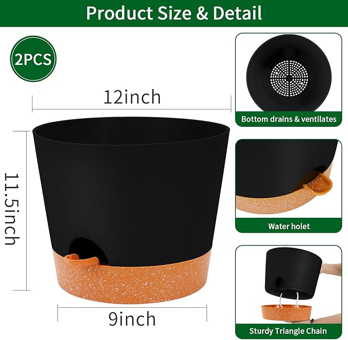 GARDIFE 12 inch Plant Pots, planters,Self Watering Pots, 2 Pack Large Plastic Flower pots with Deep Reservior and High Drainage Holes for Indoor Outdoor Plants and Flowers, Black