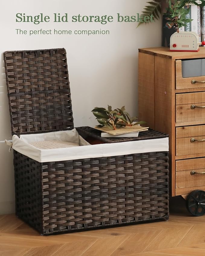 Storage Basket with Lid Wicker Baskets for Storage with 2 Separate Lid 42.3 Gallon (160 L) 29.9 x 17.3 x 18.1 Inches Rattan Woven Large Wicker Basket with 2 Liners for Bedroom Laundry Brown