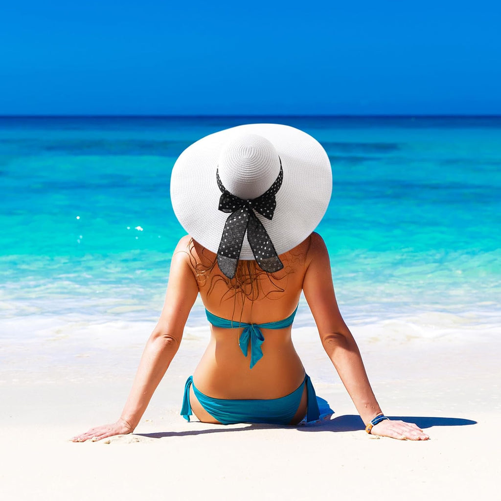 DRESHOW Beach Hats for Women Big Straw Wide Brim Summer Hat Floppy Foldable Roll up Cap Sun Hat UPF 50+