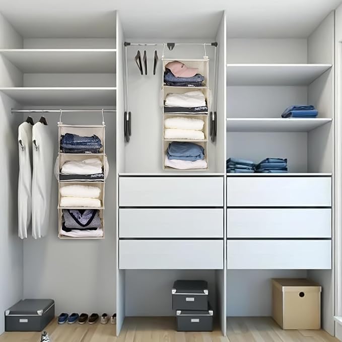 MAX Houser 4 Tier Shelf Hanging Closet Organizer, Closet Hanging Shelf with 2 Sturdy Hooks for Storage,2 Pack, Foldable (Beige)