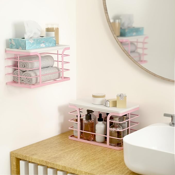 2 Pack Trash Bag Holder with Bamboo Top,Stackable Storage Bathroom Organizer Kitchen Laundry Pantry Organizers for Countertop Organization,Pink