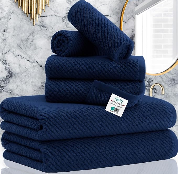 VOOVA & MOVAS Bath Towels - 100% Cotton | Quick Dry | Light Weight | Thick | Soft, Towel Set of 6, 2 Large Bath 30"x56", 2 Hand 18"x28", 2 Washcloths 13"x13", Quick Dry Towel for Shower, Navy Blue