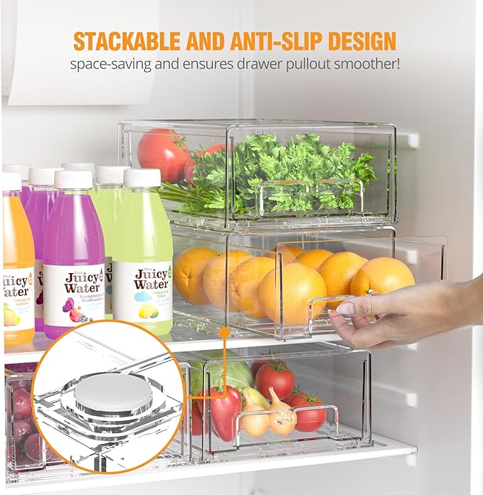 2 Pack Stackable Storage Drawers - Clear Refrigerator Drawers for Refrigerator Organizers and Storage, Acrylic Fridge Drawer Organizer with Handles for Bathroom, Undersink, Cabinet, Pantry, etc
