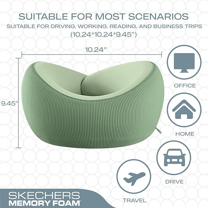Skechers Women's Memory Foam Neck Pillow, Comfortable & Breathable Travel Pillow,Neck Pillow Airplane for Travel, Car Rides, Home, and Office Use, Ergonomic Design for Men and Women,Green
