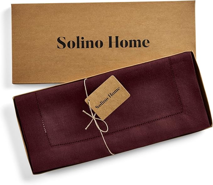 Solino Home Linen Burgundy Table Runner 132 Inches Long - 100% Pure Linen Extra Long Table Runner 14 x 132 Inch for Christmas, Winter, New Year - Classic Hemstitch