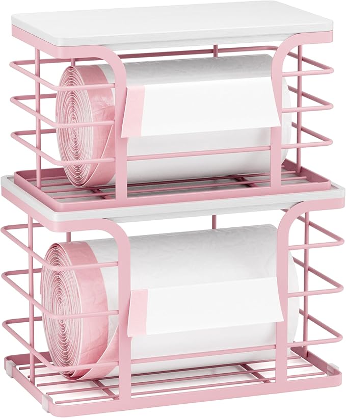 2 Pack Trash Bag Holder with Bamboo Top,Stackable Storage Bathroom Organizer Kitchen Laundry Pantry Organizers for Countertop Organization,Pink