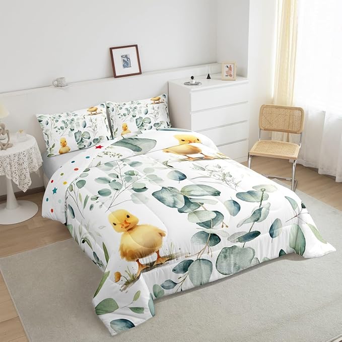 Erosebridal Kids Cute Animal Toddler Bedding Sets for Girls Boys Cartoon Duck Comforter Set, Spring Eucalyptus Bedding Comforter Sets Watercolor Leaves Duvet Insert, Kawaii Farm Animal Down Comforter