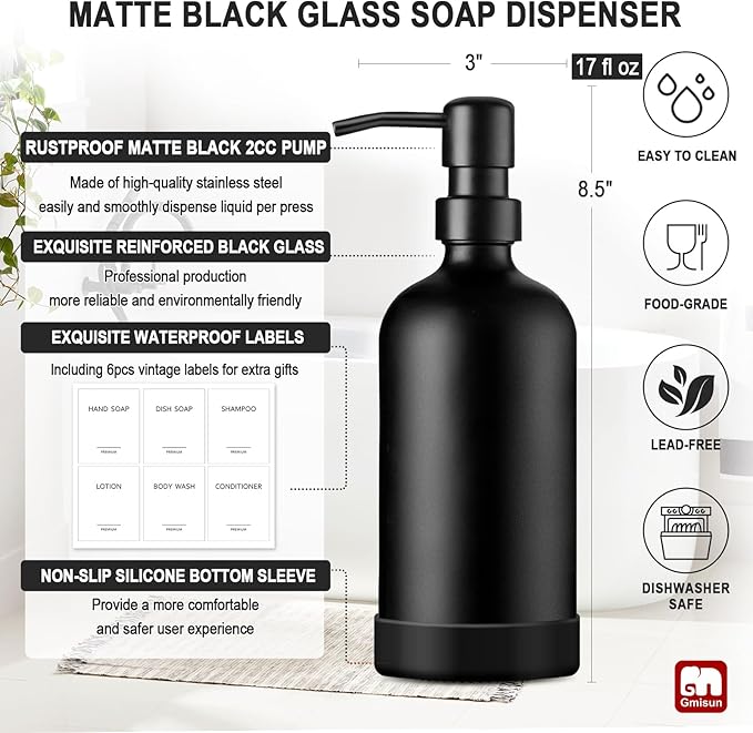 GMISUN Black Soap Dispenser with Silicone Sleeve Boot, 2 Pack Glass Bathroom Hand Soap Dispensers with Stainless Steel Pump, 17 Fl Oz Kitchen Hand and Dish Soap Dispenser Set, Liquid Dispensers Bottle