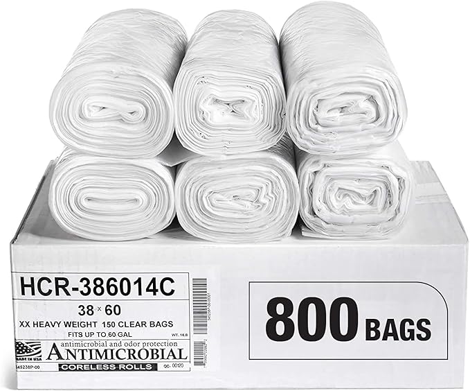 Aluf Plastics High Density Trash Bags, 60 Gallon, 800 Count, 14 Micron (eq), 38" x 60", Clear, for Bathroom, Office, Industrial, Commercial, Janitorial, Municipal, Recycling