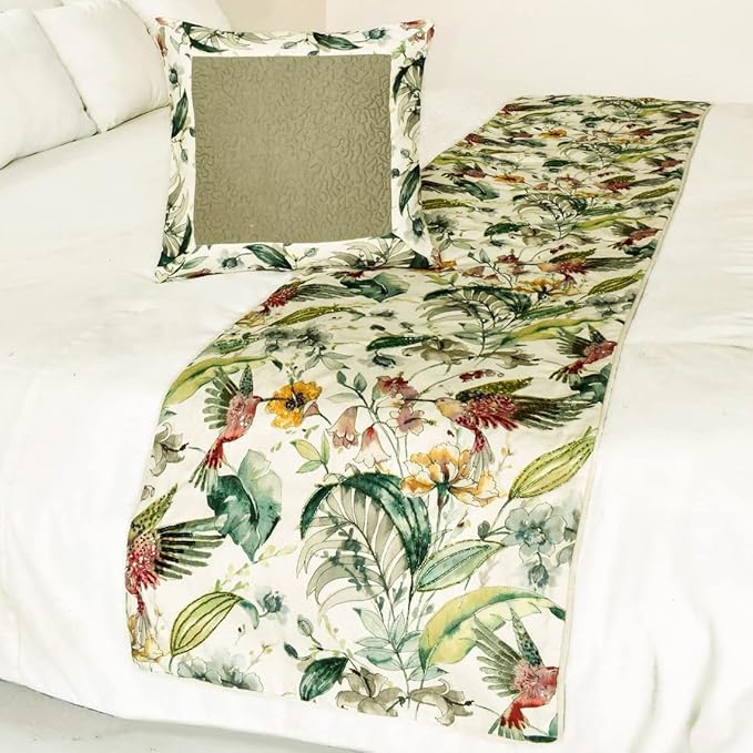 The HomeCentric King Queen Twin Ivory & Multi Designer Twin 53"x18" Bed Runner with Pillow Cover, Bird, Sequins & Beaded Bed Scarf on Cotton Fabric - Exotic Birds