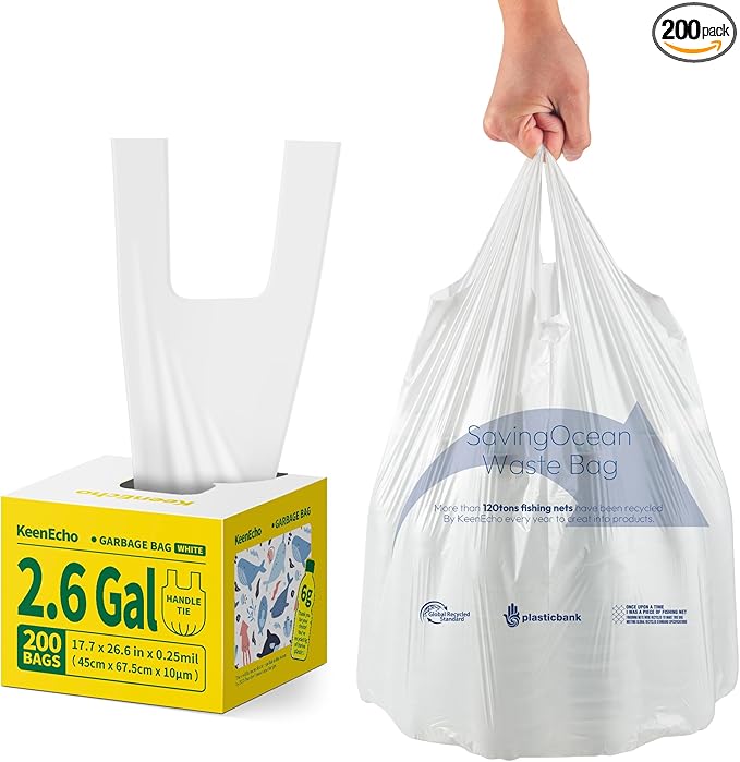 Small Trash Bags with Handles 2.6 Gallon 200 Count White - Ocean Plastic Upcycling - Plastic Garbage Bags, Can Bin & Waste Basket Liner for Kitchen, Bathroom, Office and Pets