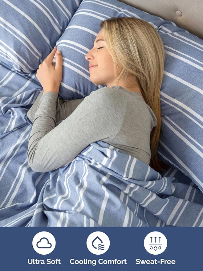 Extra Deep Pocket Queen Sheet Set - 4 Piece Breathable & Cooling Bed Sheets - Hotel Luxury Sheet Set - Ultra Soft, Wrinkle Free & Comfy - Fits Extra Deep Mattresses - Deep Pocket Blue Stripes 3 Sheets