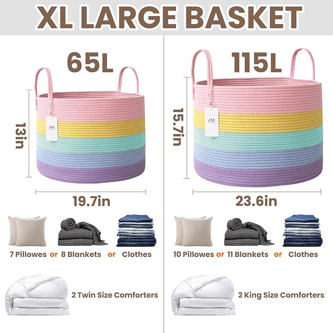 Woven Blanket Basket,115L Large Rope Storage Bin with Handles, Organizer for Blankets Toys Book and Clothes, Laundry Basket for Living Room Bedroom Nursery,Rainbow