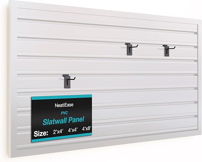 NeatiEase Slatwall Panel Wall Storage Systems, 2 x 4ft Slat Wall Paneling Garage Wall Organizer, Heavy Duty Wall Mounted PVC Wall Rack (White)