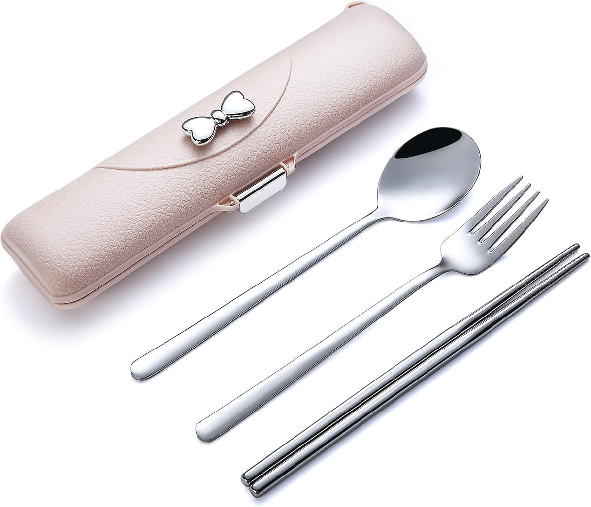 DEVICO Travel Silverware Set with Case, Portable Lunch Utensils Set for Work, Reusable Travel Cutlery Set, 18/8 Stainless Steel Flatware for Caming School Picnic, Dishwasher Safe (Pink)